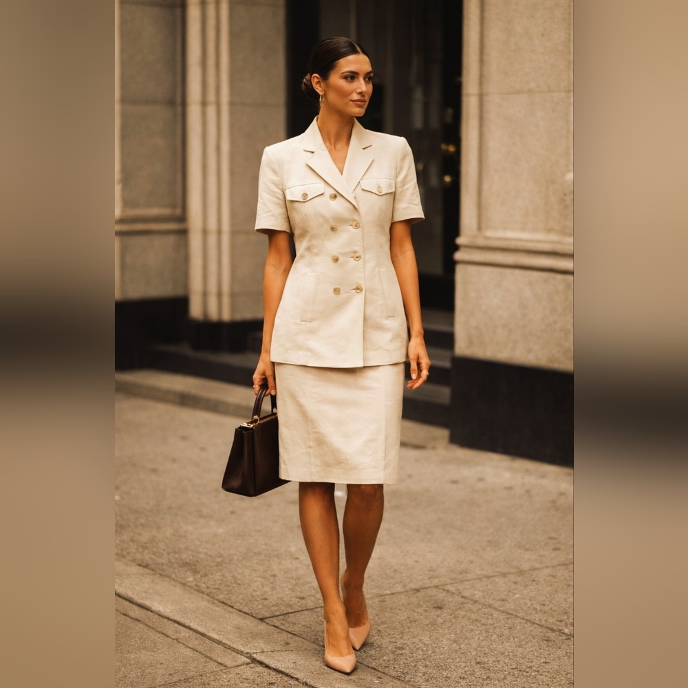 Evan Picone Cream Short-Sleeve Double-Breasted Blazer - Picture 2 of 14